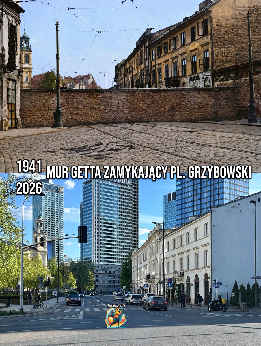 In this 1941 view I’m standing at Plac Grzybowski, looking from Królewska Street, where the Warsaw Ghetto wall abruptly seals off the square and cuts through what had once been an open urban space. The tram tracks visible in the cobblestones run straight into the brick barrier, a