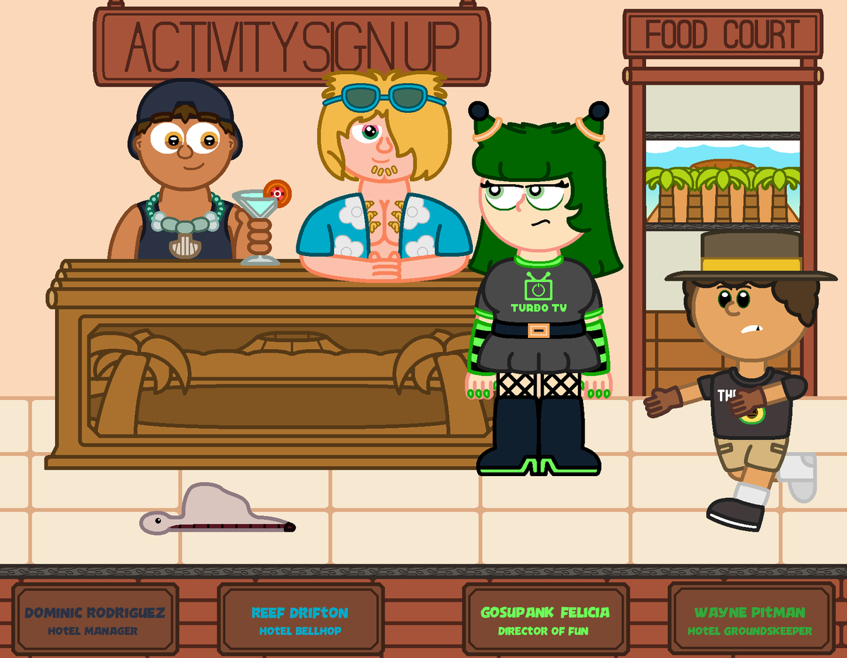 You know, I think I've seen something like this before.

Welcome to Tropical Fantasy, the souped up beach resort hotel whathaveyou where each member of staff is more dopey and bro-dudey than the last. I hope you enjoy your stay.

#thetobyshow #oc