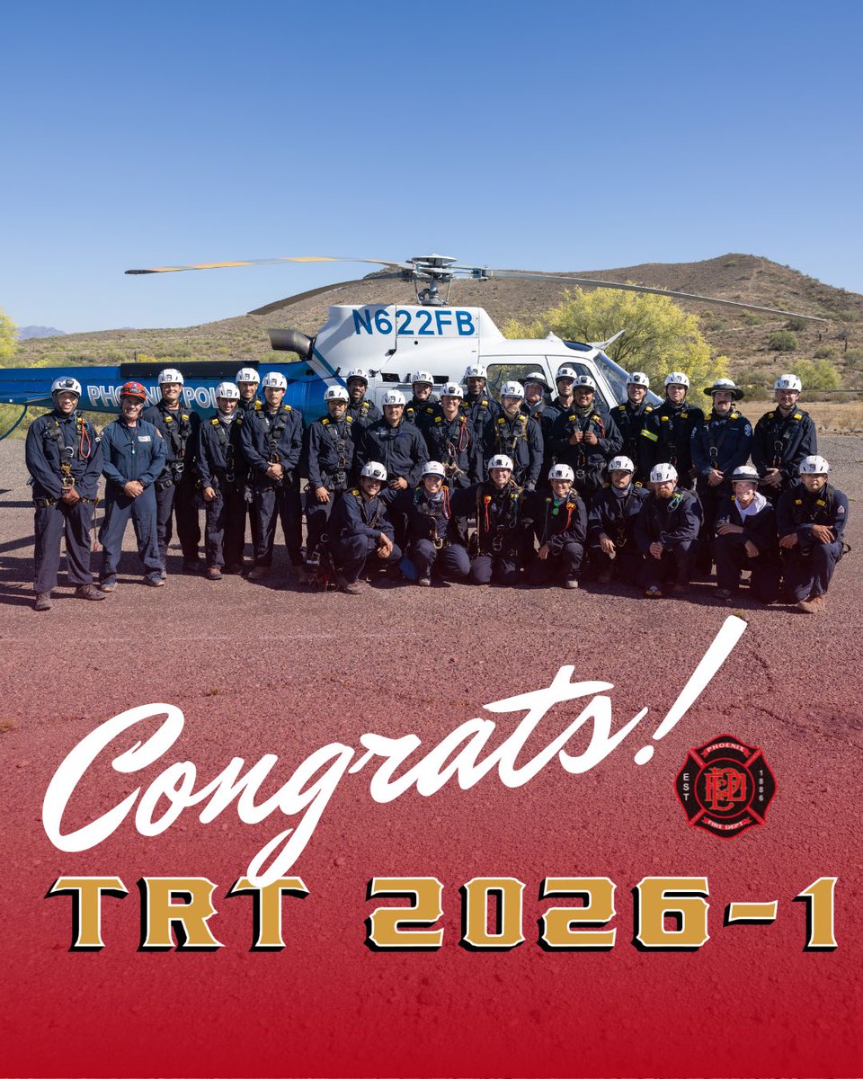 PHXFire's tweet image. Congratulations to the newest graduates of Technical Rescue Team (TRT) Class 2026-1!

We’re proud to recognize the 17 #PHXFire members who have officially joined the ranks of TRT.

Welcome to the team! 👏
#TechnicalRescue #TRT