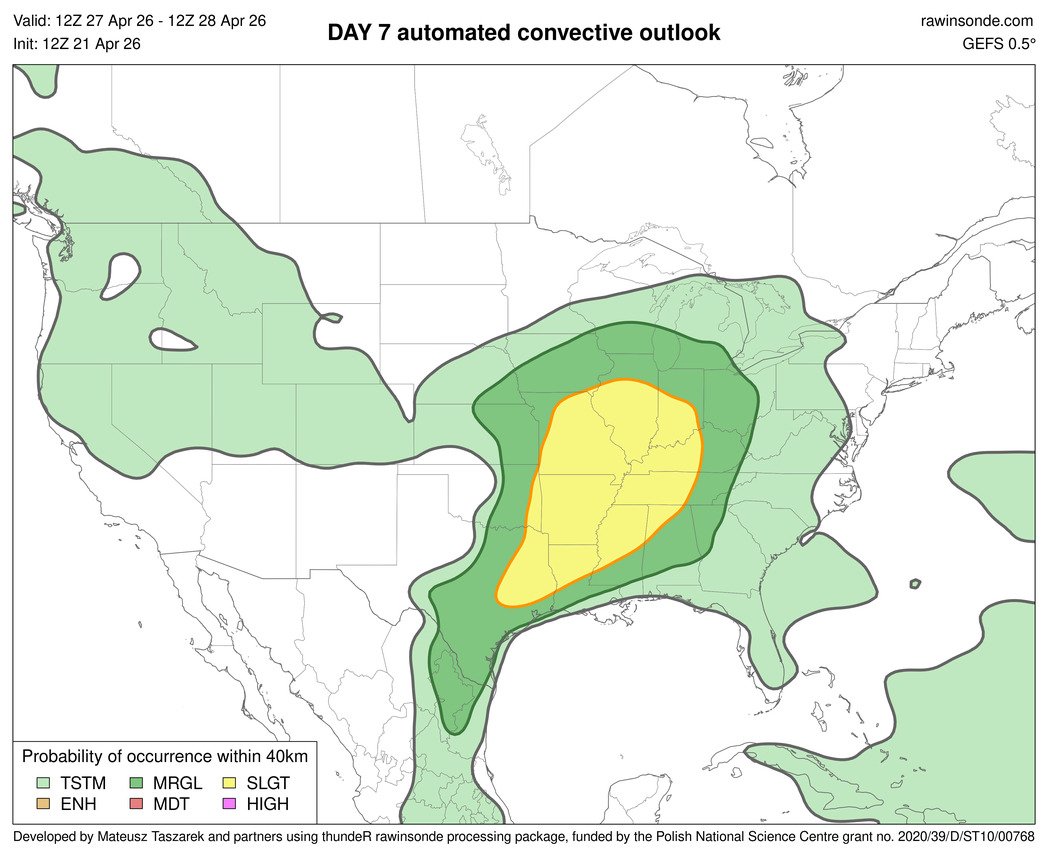 MateuszTaszarek's tweet image. Lots of signals for severe storms across the U.S. in current automated ML outlooks for #DAY3 (23 Apr) #DAY4 (24 Apr) #DAY6 (26 Apr) #DAY7 (27 Apr). Especially broad risk area (given this lead time) is denoted for DAY7. For Oklahoma "best" storm seems to be on 23 &amp;amp; 26 April 🌪️⚡️🌩️