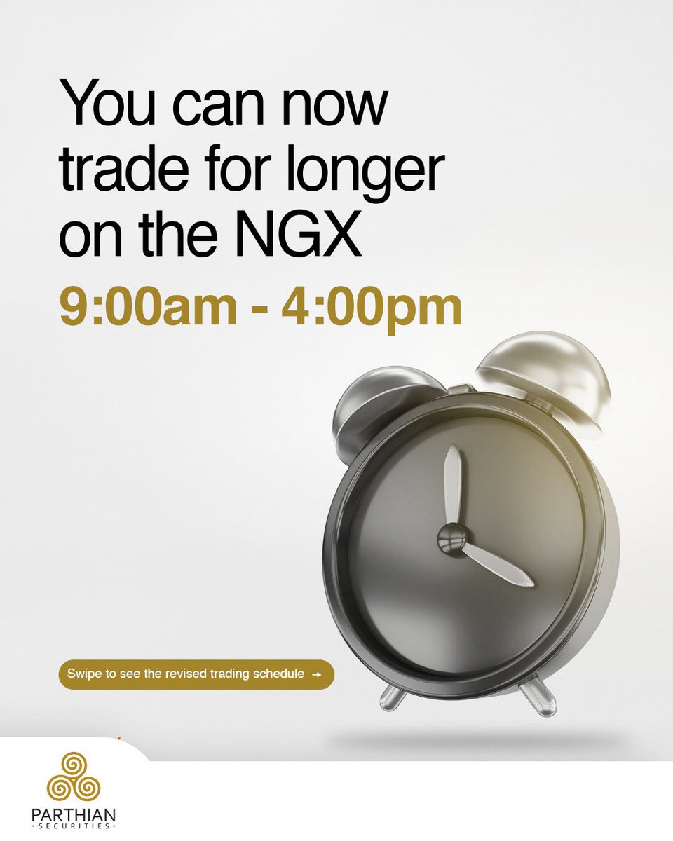ParthianSec's tweet photo. The Securities and Exchange Commission Nigeria (SEC) has approved an extension of trading hours on the Nigerian Exchange Limited (NGX), in a move aimed at enhancing market efficiency and deepening liquidity within the Nigerian capital market.
#Trading #SecutitiesTrading #Parthian https://t.co/U6tx2v61al