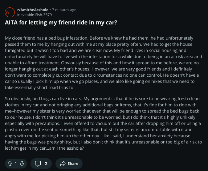 AmITheAssholeX's tweet image. AITA for letting my friend ride in my car?

 #aitah #amitheasshole #advice