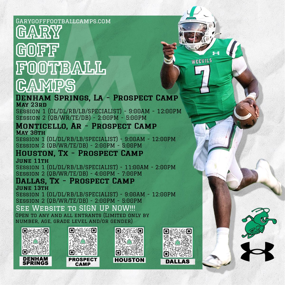 SamMoraJr's tweet image. Class of 27, 28, and 29! Let’s work! Come camp with the Weevils! Arkansas, Louisiana, and Texas! #WeDAT
GARYGOFFFOOTBALLCAMPS.COM