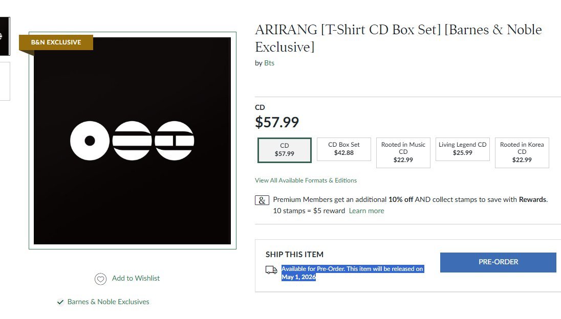 REMINDER:🇺🇸ARMY #BTS_ARIRANG T-Shirt Box Set is up on pre-order @ B&amp;N for WK7 (5/1-5/7)

...it's the 7 again!👁️👄👁️

This to boost on BB200! Limit 4 per customer

Pre-order ASAP: Online sale/Online for store pickup must ship/pick up by 5/4/26!

barnesandnoble.com/w/bts-the-5th-…
#BTSARMY