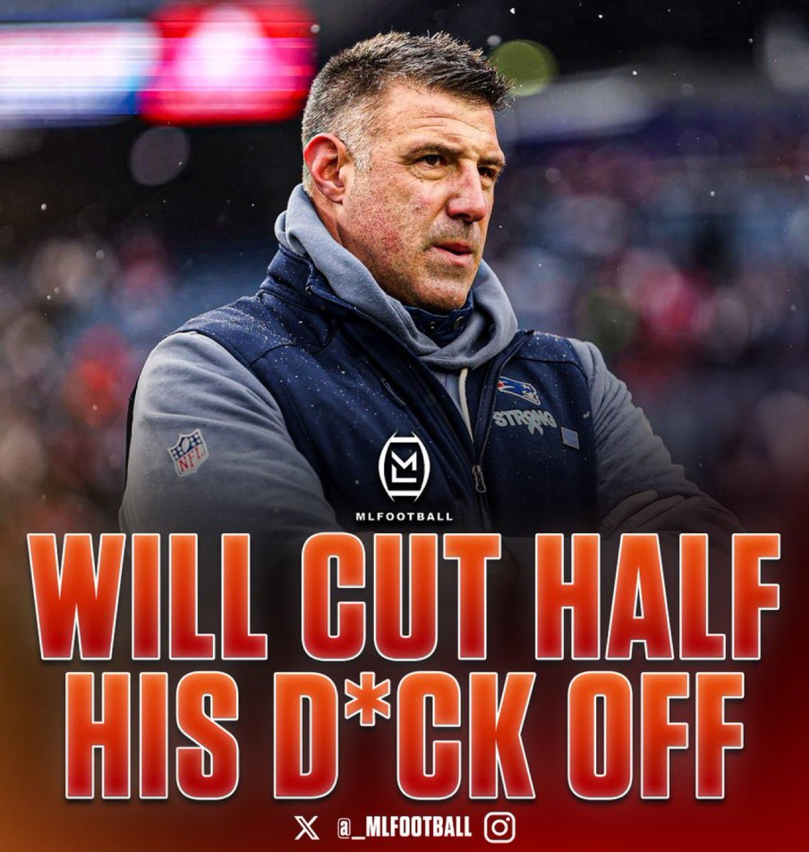 MLFootball's tweet image. WILD: #Patriots head coach Mike Vrabel said that he would CUT HALF OF HIS D*CK OFF in order to win the Super Bowl.

“I’ll cut it in half, but I ain’t cutting the whole thing off”

“This is way too long, too”

Vrabel is already a 3x Super Bowl champion &amp;amp; would do anything to win.