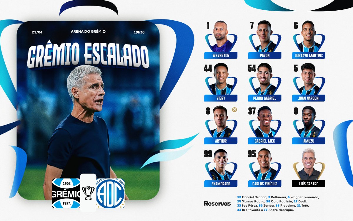 Gremio's tweet image. 📋 ESCALAÇÃO DO IMORTAL!
[#PraTodosVerem]
1 Weverton
7 Pavon
6 Gustavo Martins
44 Viery
54 Pedro Gabriel
5 Juan Nardoni
8 Arthur (capitão)
37 Gabriel Mec
9 Amuzu
99 Enamorado
95 Carlos Vinícius

RESERVAS
12 Gabriel Grando, 2 Balbuena, 3 Wagner Leonardo, 14 Marcos Rocha, 38 Caio