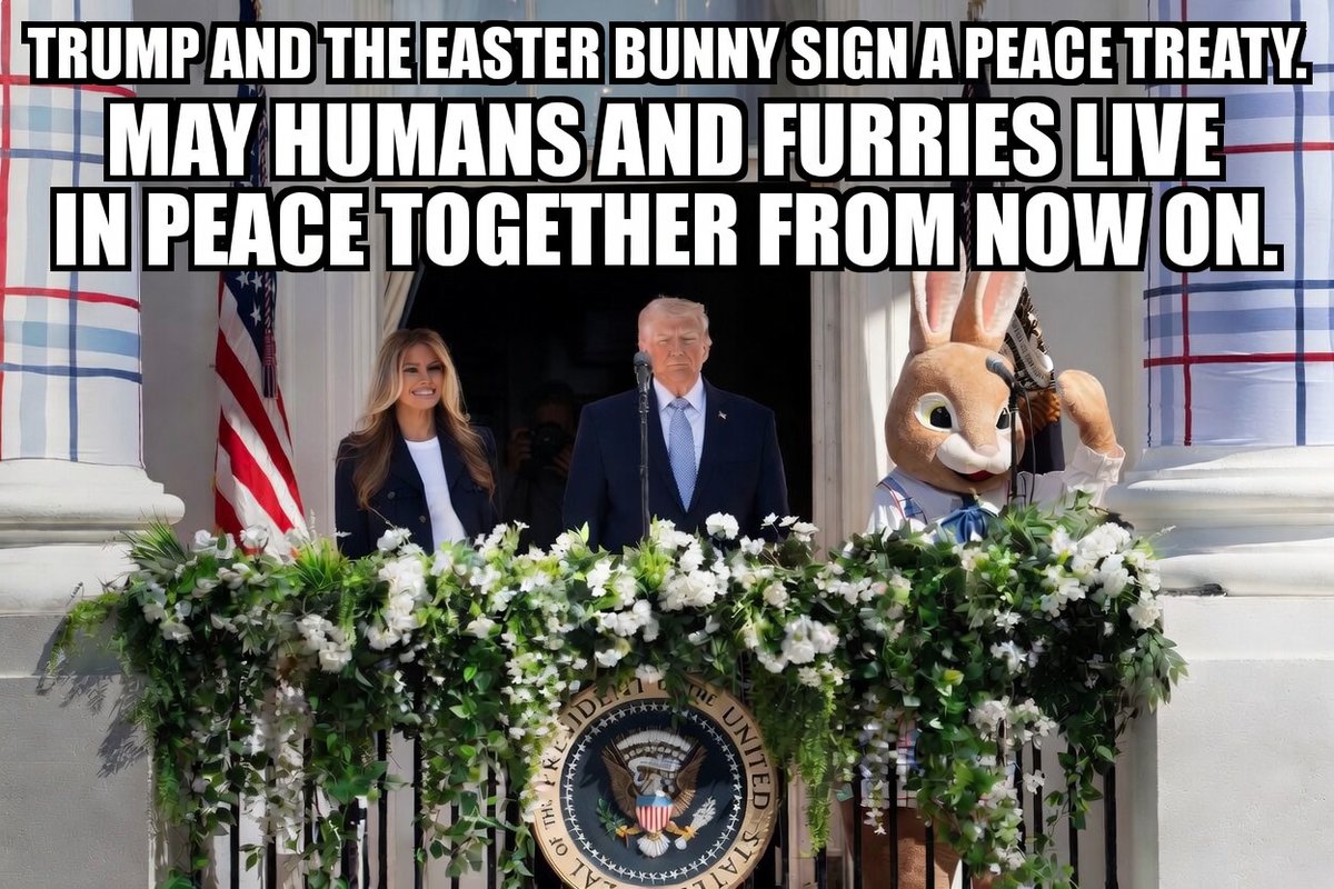 RegenbogenSchmi's tweet image. Breaking: Trump and the Easter Bunny just signed the historic most fluffy peace treaty, fluffier than all peace treaties ever before in the history of fluffy peace treaties, on the White House balcony. May #humans and #Furries finally live in peace together from now on. 🐰🐰🐰