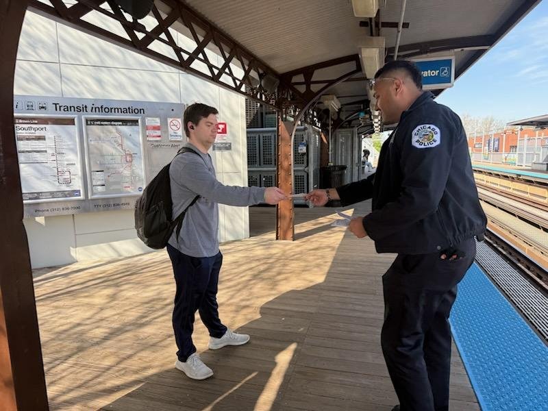CPDTransit's tweet photo. Public Transportation Section Officers at Southport brownline conducting safety awareness outreach for the ridership. @CPD_BCT @CHICAGO_POLICE https://t.co/Qa4TrgC1Rw