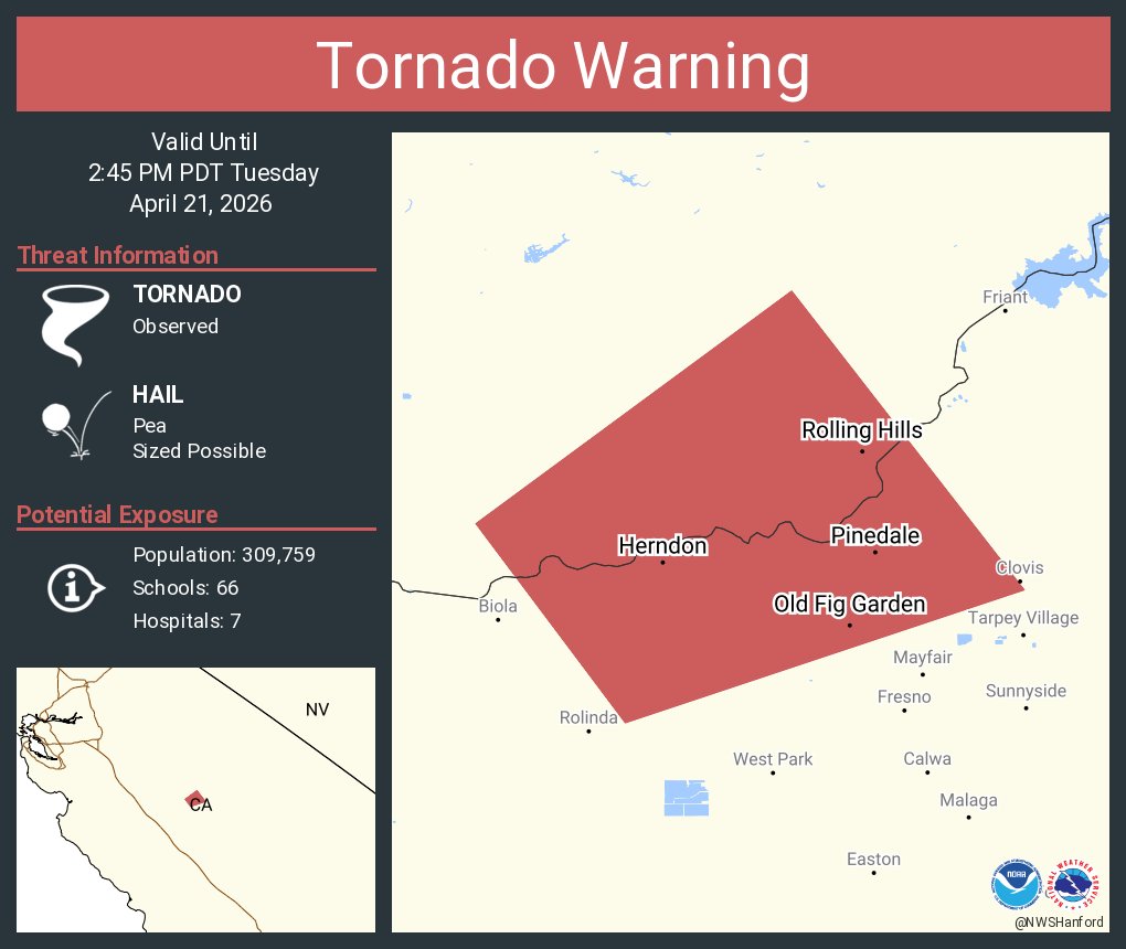 NWSHanford's tweet photo. Tornado Warning continues for Old Fig Garden CA, Rolling Hills CA and  Fort Washington CA until 2:45 PM PDT https://t.co/EdlkWr3Tb0