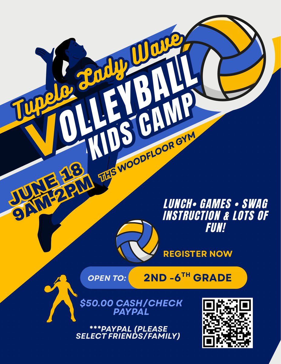 TupVB's tweet photo. Calling all girls and boys entering 2nd - 6th grade. Come out and have some summertime fun with your Tupelo Lady Wave. Sign up today to reserve your spot! https://t.co/4O1dqrDdOo