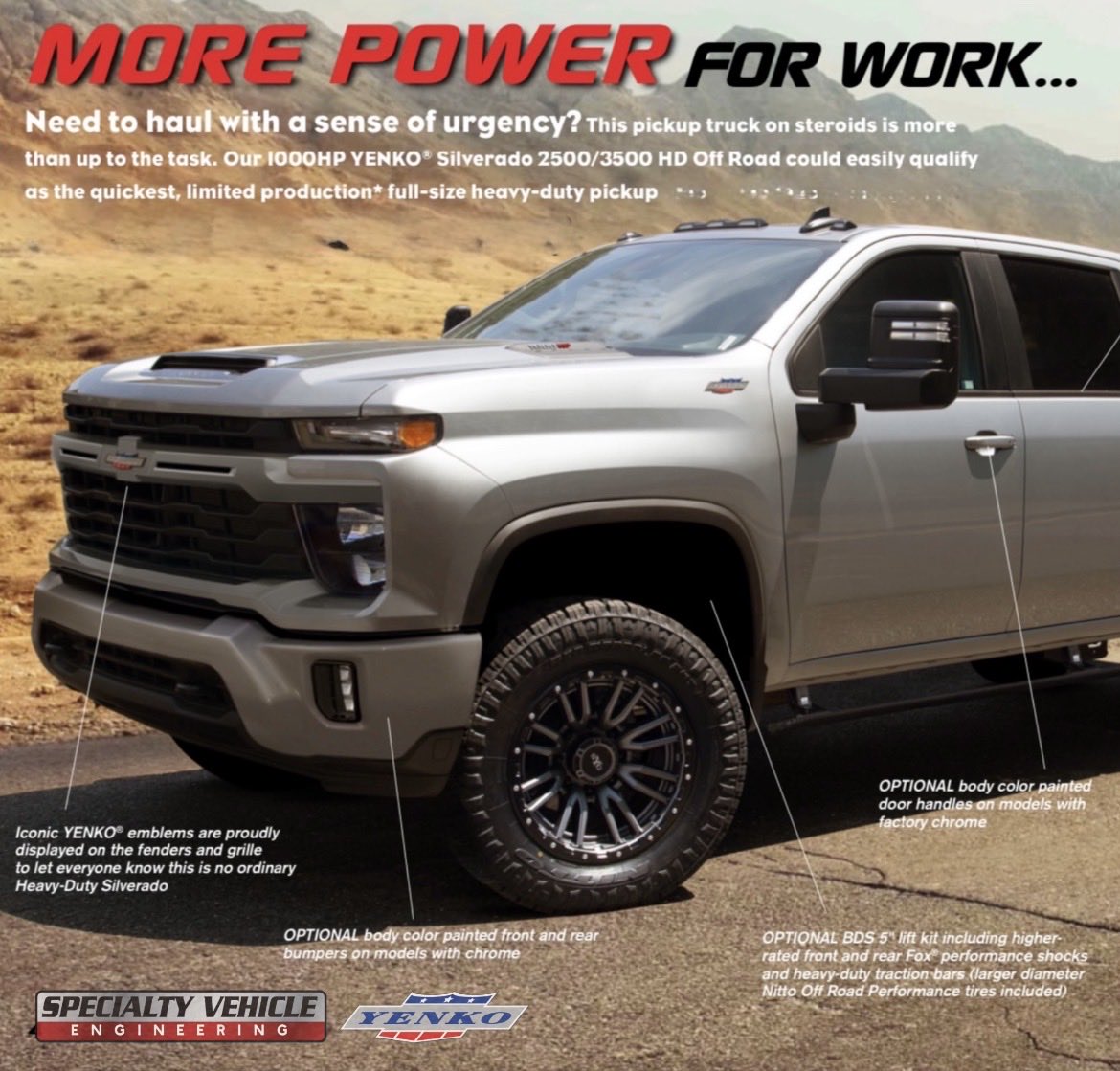 SVE_CARS's tweet photo. Get off the beaten track in a 2026 1000HP YENKO/SC® supercharged Silverado 2500/3500 Heavy Duty Off Road pickup truck! More info on our website - link in bio!
#specialtyvehicleengineering #yenkosilverado #yenko #nitto #collectible https://t.co/p4TWO0wVkO