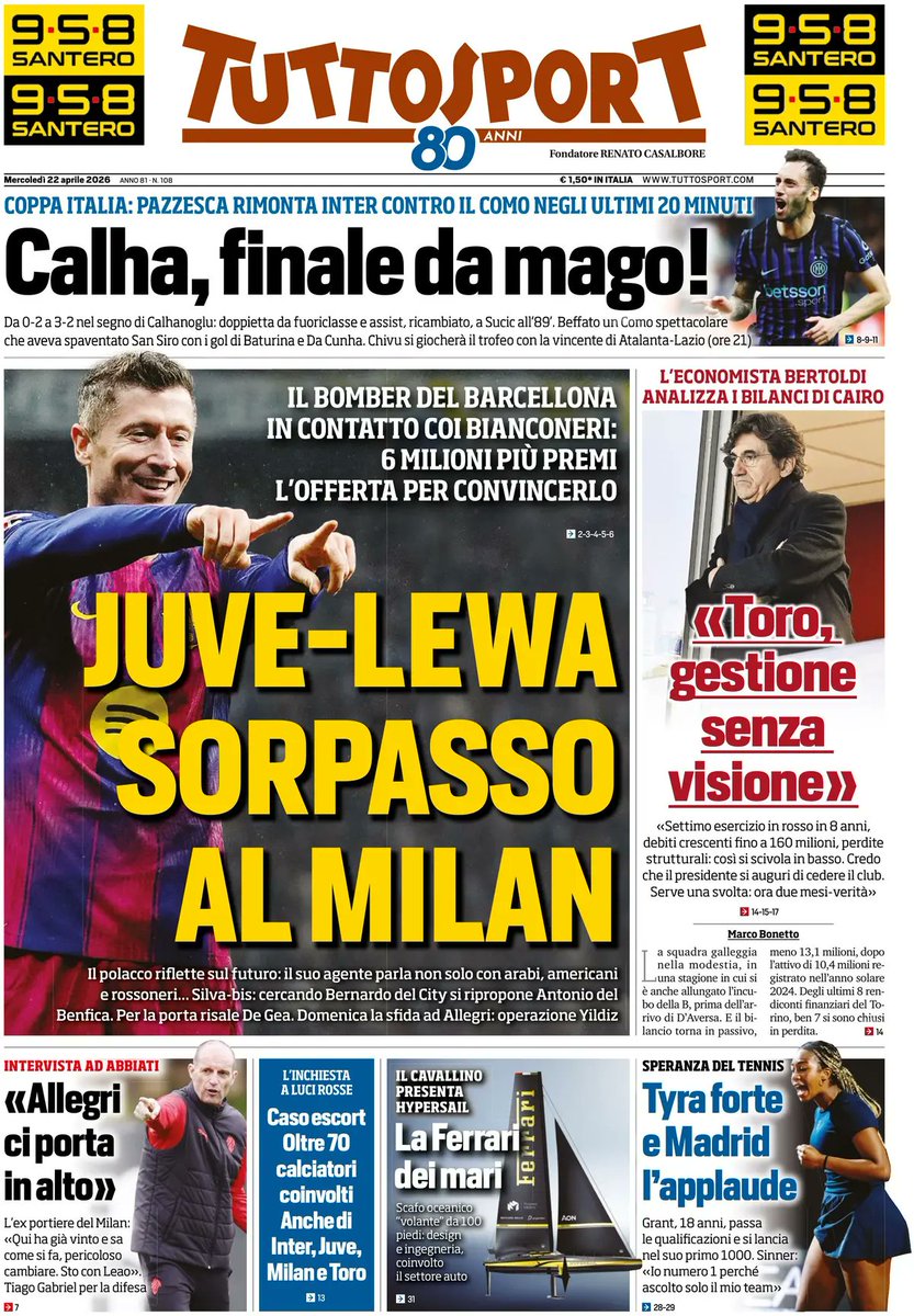 Pueblo_Juve's tweet image. 📰 Portada @tuttosport mañana

#JUVE - LEWA
SUPERADO EL MILAN

El goleador del Barcelona en contacto con los bianconeri: €6M + bonus la oferta para convencerlo
El polaco reflexiona sobre el futuro: su agente no solo habla con clubes árabes, americanos y los rossoneri
Silva por