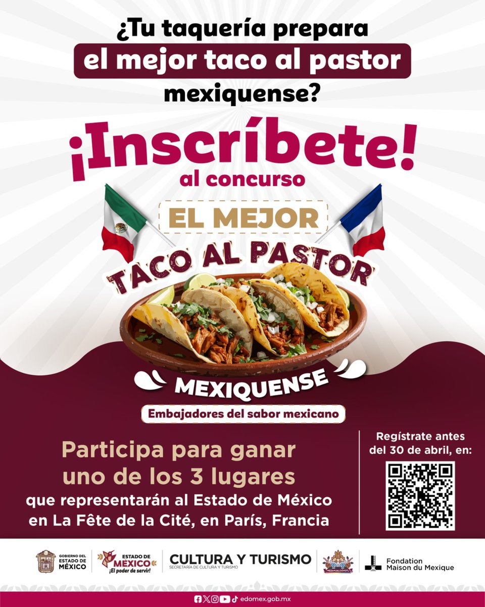 Edomex's tweet image. ¡Desde el #EdoMex hasta París! 🌮✈️🇫🇷

Participa en el concurso El Mejor Taco Al Pastor Mexiquense. Si tu taquería es la favorita de la zona, es momento de que el mundo lo sepa.

📍 Regístrate antes del 30 de abril, en: elmejortacoedomex.neza.gob.mx

#ElPoderDeServir