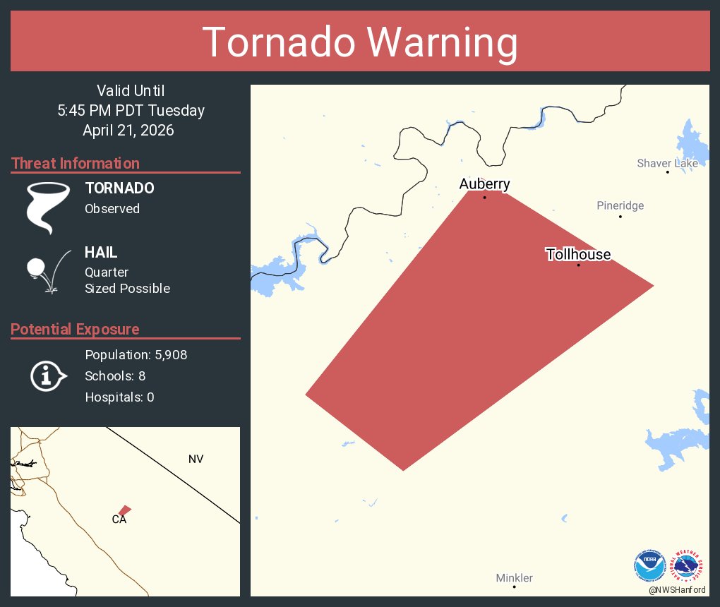 NWStornado's tweet image. Tornado Warning including Auberry CA and  Tollhouse CA until 5:45 PM PDT