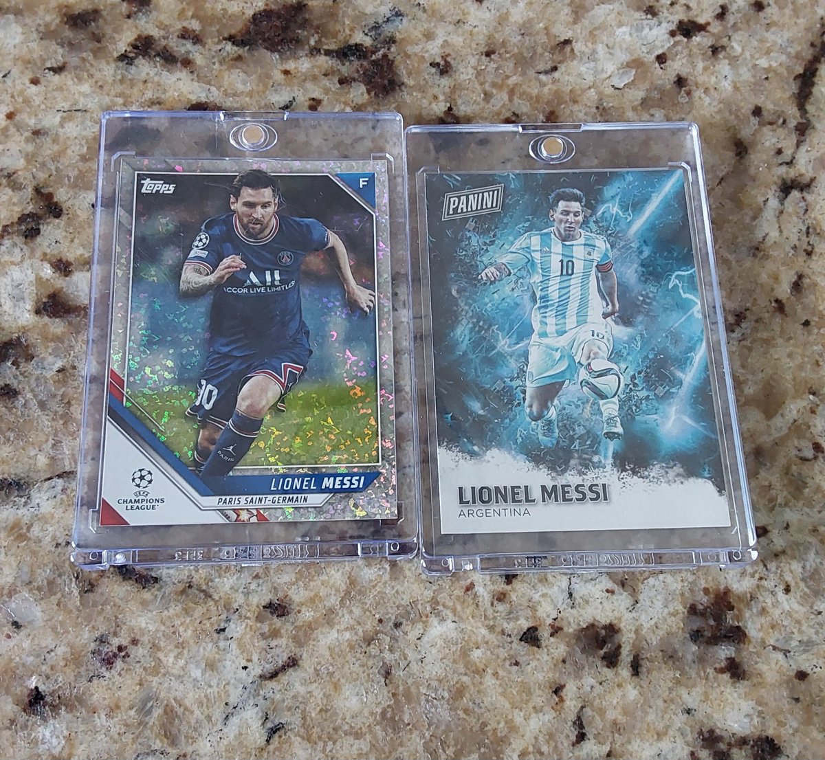 SJweasy408's tweet image. Two of my #Messi cards. #Topps Sparkle Foil #Panini Fathers Day Blue #Collect #TheHobby