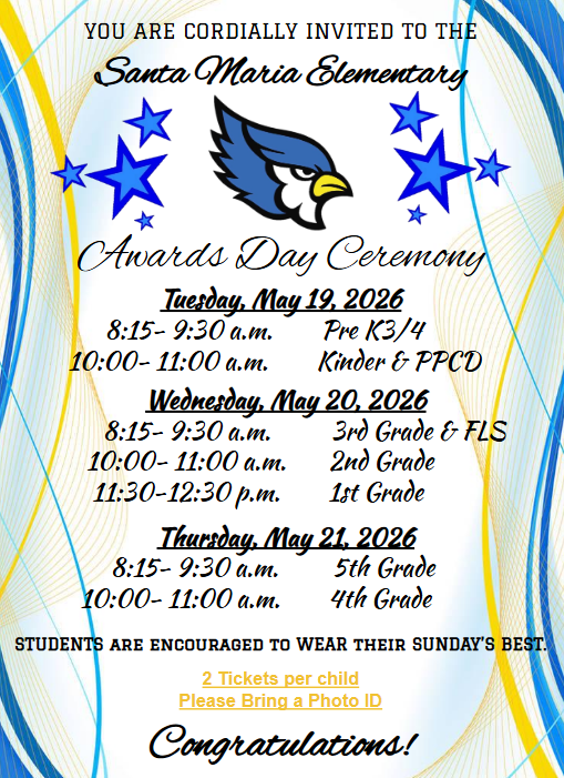 SantaMaria115's tweet photo. 🏆Awards Day Ceremony schedule, mark your calendars. Calendario de la ceremonia del día de los premios, marquen sus calendarios.📅 https://t.co/ZMRUVCjeib