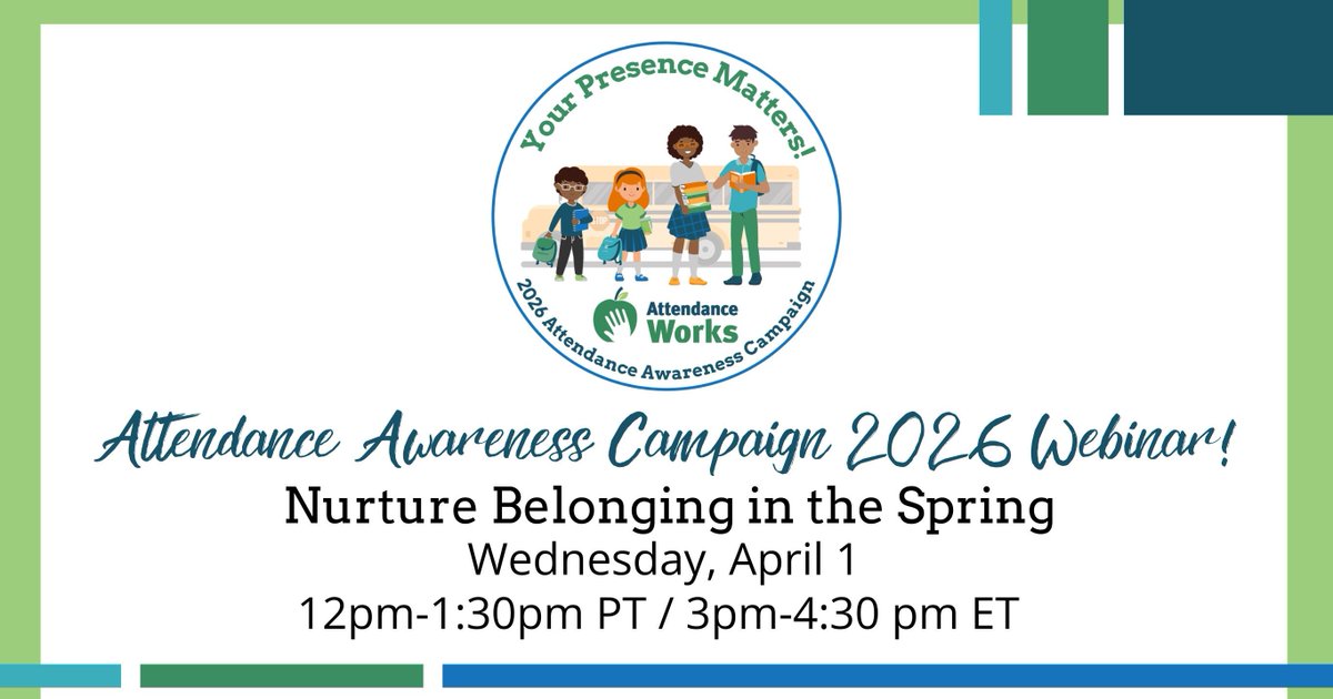 DelawareASN's tweet photo. Join Attendance Works and the Institute for Educational Leadership for the 2nd 2026 Attendance Awareness webinar—Your Presence Matters. Summer contact with students and families builds belonging and attendance. https://t.co/liHYxRxxB8 https://t.co/0fUuLus0AU