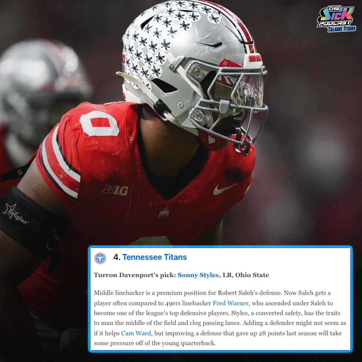 SickPodTitans's tweet image. ESPN’s @TDavenport_NFL has the #Titans selecting LB Sonny Styles with the No. 4 pick in this year’s NFL Draft 👀

How would you feel about that, #Titans fans? 👇

#TitanUp #thesickpodcast @salmanfredi @J13Foote