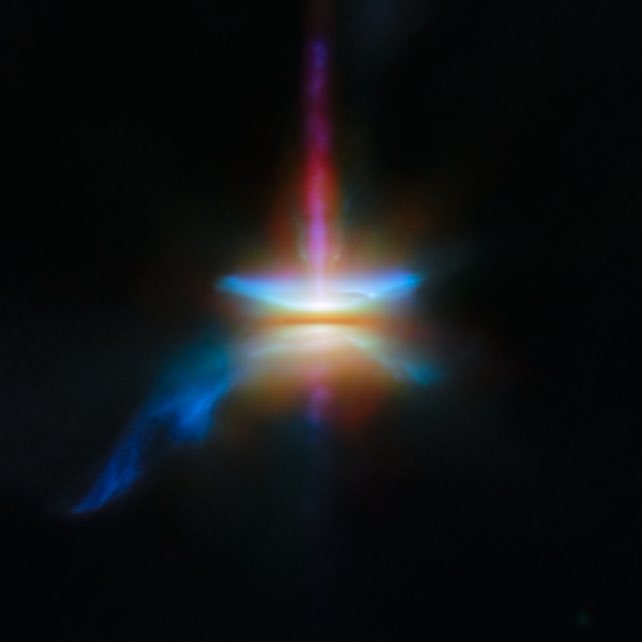 The_Ryan_M's tweet photo. The ‘horn’ looking shape at the top left is a jet of plasma from a young protostar, and you can see it move between the two images! That’s plasma actively being ejected and traveling away from the star! You can also see the counter jet moving on the top of the nebula, opposite. https://t.co/ZCqTPF3gOF