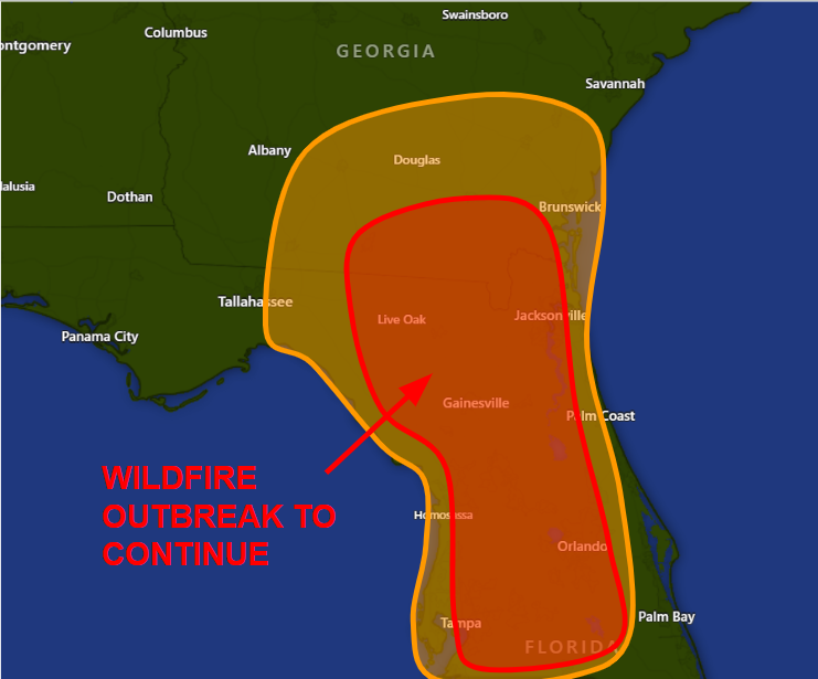 alextropicalwx's tweet image. Needless to say, it is not looking good for much of central and northern FL continuing into today. A wildfire outbreak is currently active in northern FL, and it is likely more will grow and spread across the region. #flwx #wxtwitter #Florida
