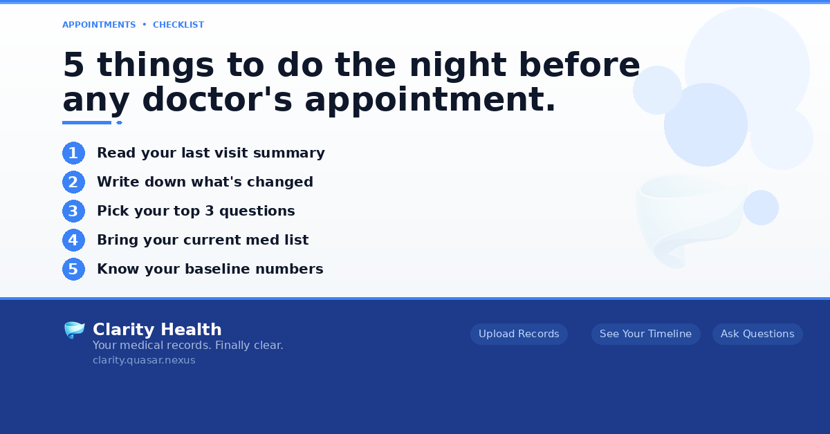 AustinJohn_F's tweet photo. Five things to do the night before any important doctor appointment. None of them require an app. All of them will change how the visit goes.

1. Read your last visit summary. Whatever was documented last time is the context your new visit will build on. Remind yourself what was said.

2. Write down what's changed. New symptoms. New medications. New side effects. Anything that started, stopped, or shifted.

3. Pick three questions. Not twelve. Three. The ones you would regret not asking. Write them on paper.

4. Bring your current medication list. Including over-the-counter and supplements. Including doses. Your doctor will not remember. You might not either.

5. Know your own baseline. What's your typical blood pressure? Resting heart rate? Recent lab values you've been tracking? You don't need to memorize them. You just need them findable.

Clarity Health does all of this automatically if you use it. But you don't need to use it to benefit from the habit. The habit alone will make you a better partner in your own care.

Link in the comments 👇