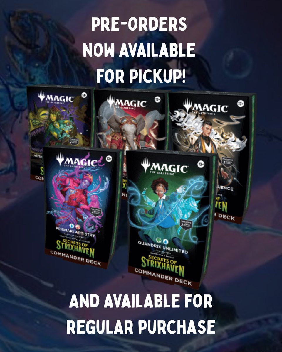 TrinityGamesLLC's tweet image. We finally got our commander decks in for Strixhaven! All preorders have been picked, and we have them available for purchase as well!
Unfortunately, we still do not have an exact update on when the bundles will be in, but as soon as we do we will be letting you know!

#shoplocal