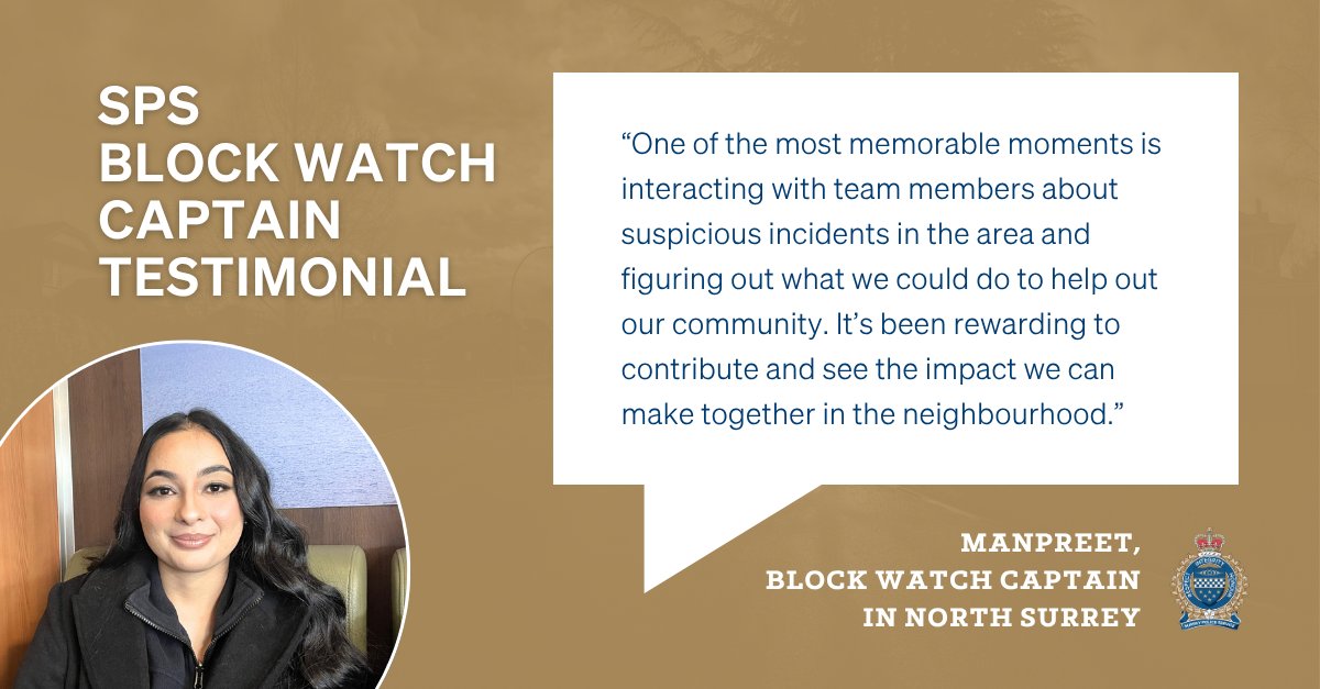 surreyps's tweet image. #DYK?  Being part of Block Watch is a powerful way to help keep your community safe. Hear about Manpreet’s experience and why it matters. #NationalVolunteerWeek