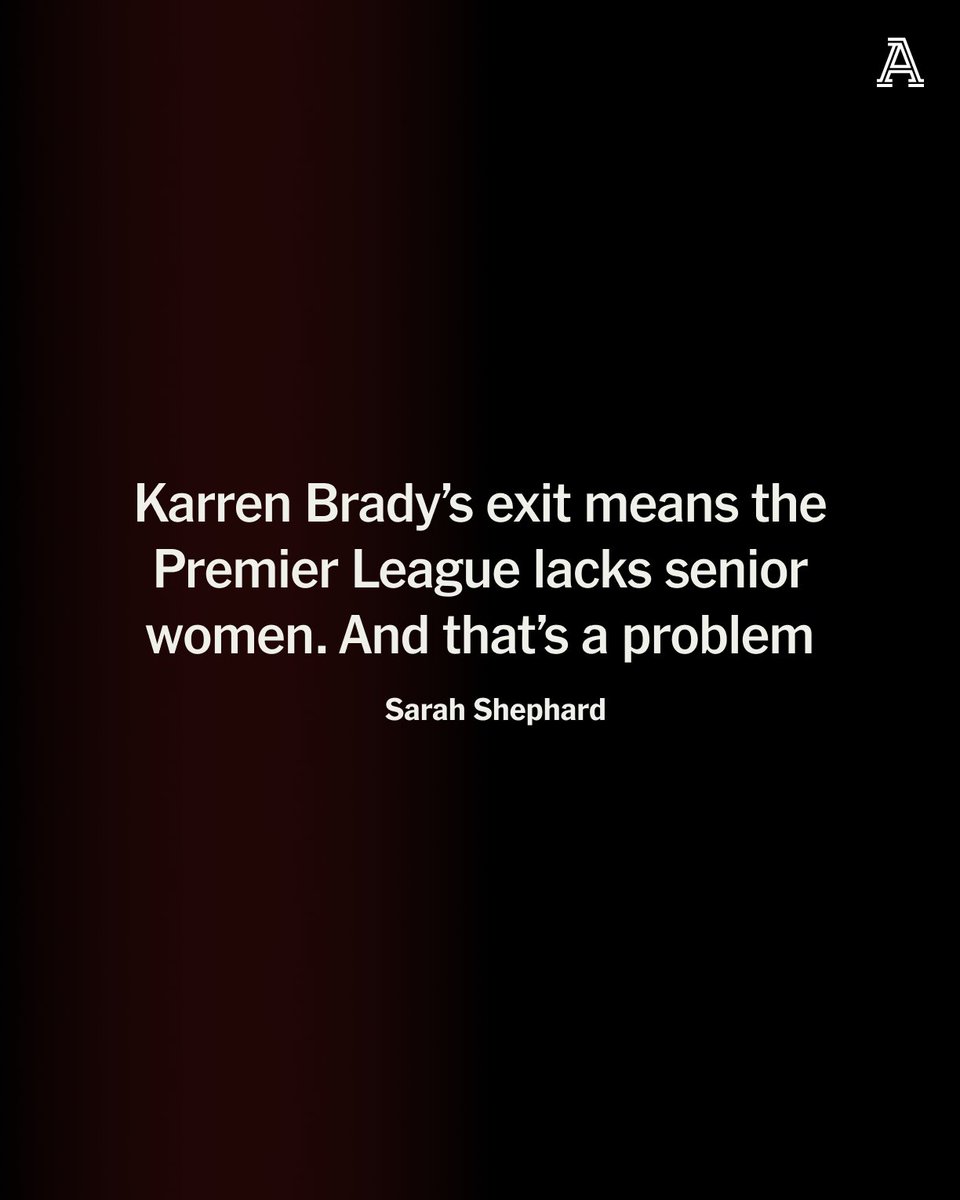 TheAthleticFC's tweet photo. Amanda Staveley, Marina Granovskaia, Donna Cullen… and now Karren Brady.

All were powerful Premier League executives. All have left their clubs.

There were good reasons for their exits but it has left top-flight boardrooms dominated by men.

And that’s a problem.

@SarahShepSport 

🔗 https://t.co/zUeHzQF01v