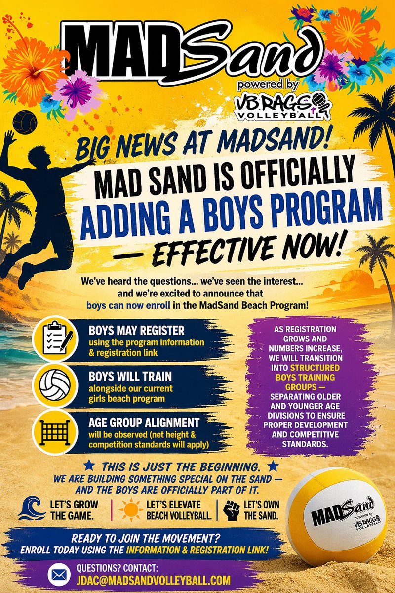 MADFROGVBALL's tweet photo. 🔥 BIG NEWS — MadSand Beach is officially adding a BOYS PROGRAM. Effective now. 🏖️ https://t.co/lklx5tW0mq