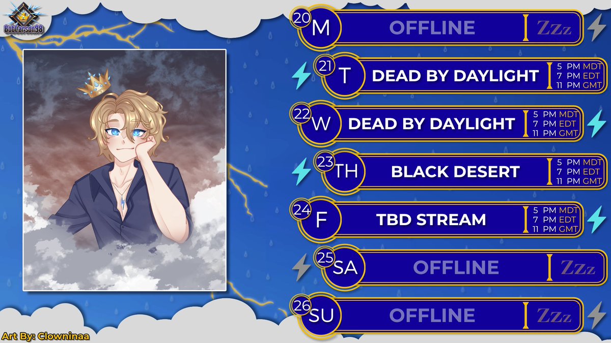 ⚡️Stream Schedule for 4/20-4/26⚡️

🟣Twitch: twitch.tv/boblarson98
🔴Youtube: youtube.com/boblarson98

🎨Art by: @/clowninaa