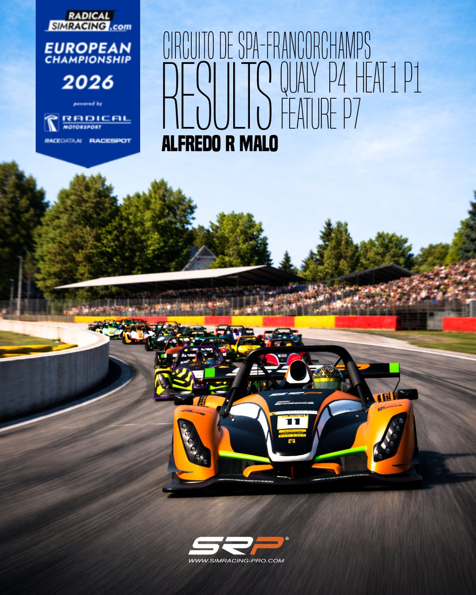 SRPracingteam's tweet photo. Qualy P4 ➡️ Heat P1 🏆 ➡️ Feature P7

Intense weekend at Spa with the Radical on iRacing.
Perfect execution in the heat race, everything went exactly to plan 💪

In the feature, fighting at the front the whole race, swapping the lead between three drivers… until I got taken out on the final lap 😤

Strong pace, great battle… but definitely hungry for revenge 🔥

#SRP #RadicalEuropeiRacing #SimRacing #SpaFrancorchamps #Motorsport