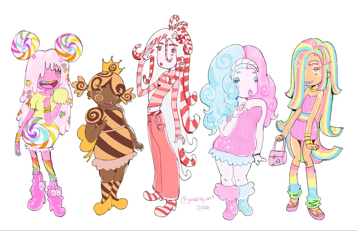 pinklily_art's tweet image. the full candy girl lineup 🍬🍭🍪!!! #characterdesign