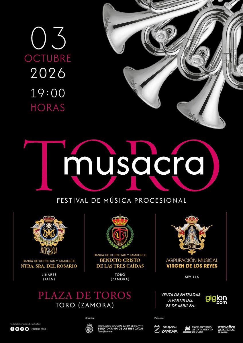 MusacraToro's tweet photo. #CARTELOFICIAL| Con una enorme ilusión os presentamos el cartel de uno de los mejores festivales de música procesional: MUSACRA. 
Tendrá lugar en Toro (Zamora) el próximo sábado día 3 de octubre a las 19h en la Plaza de Toros.

🗓 Una fecha para marcar en el calendario!! https://t.co/sOMK1F4Oua
