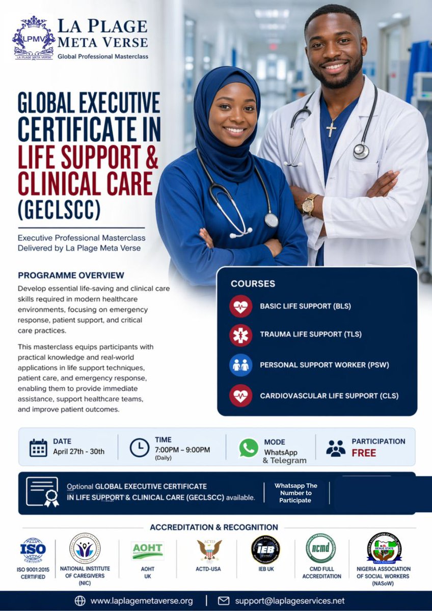 promisethegem's tweet photo. @unkonfined 🚨 FREE Global Masterclass Alert!
Learn life-saving clinical skills—BLS, TLS, CLS &amp; more—with a globally accredited certificate.
📅 Apr 27–30 | 🕖 7–9PM | 💬 WhatsApp
Participation is 100% FREE. 🙌
Register 👉 https://t.co/YuGzGgtgFA
#GECLSCC #HealthcareTraining #FreeMasterclass https://t.co/CJW24JSNp9