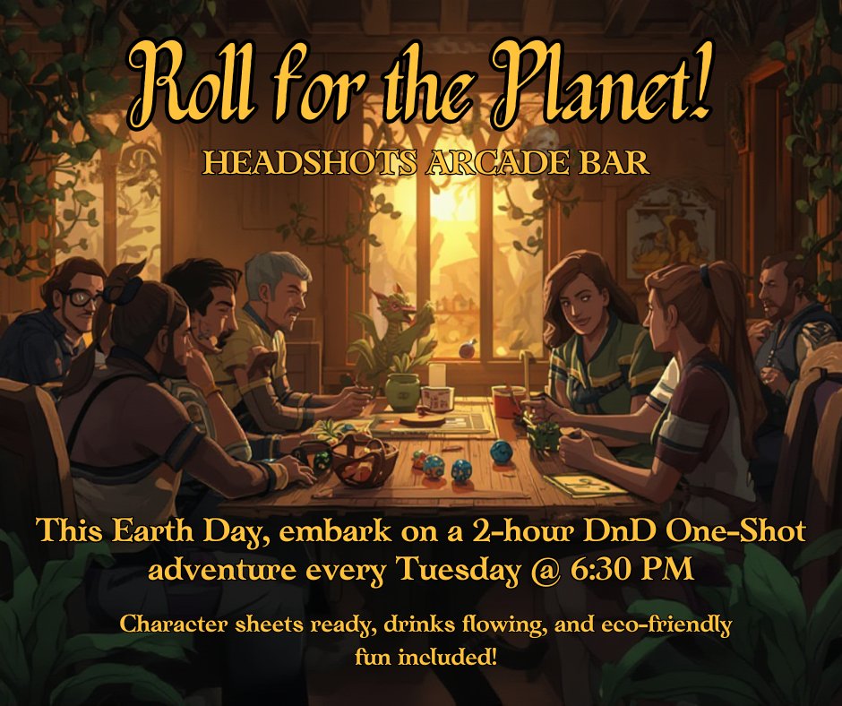 🌱🧙‍♂️ Roll for the Planet!
This Earth Day, embark on a 2-hour DnD One-Shot adventure every Tuesday at 6:30 PM.
Character sheets ready, drinks flowing, and eco-friendly fun included! 🐉🍺