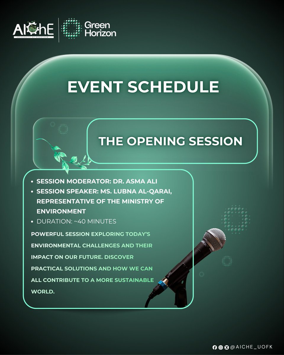 We’re pleased to share a quick update on the Green Horizon opening session.

Dr. Asmaa Ali will introduce the session, followed by Lubna Al-Qaray, Environmental Specialist from Sudan’s Ministry of Environment.

Join us tomorrow at 9:30 AM and be part of the change 🌱