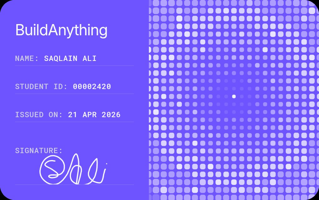 Just signed up for BuildAnything &amp; got my student card 🎓

Just became student of <a href="/buildanythingso/">Build Anything</a>
&amp; I'm excited to be early user as #Monad is progressing a lot.🔥

 buildanything.so