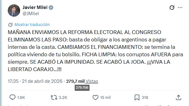 EL INTENTO DE DESVIAR LA ATENCION DEL CASO ADORNI Y DE LA MALARIA ECONOMICA

1-Como intento no está mal, pero no tiene los números en el Congreso para obligar al resto de las fuerzas a que se suiciden eliminando las PASO. Necesita 129 votos a favor. No llega sin los aliados de