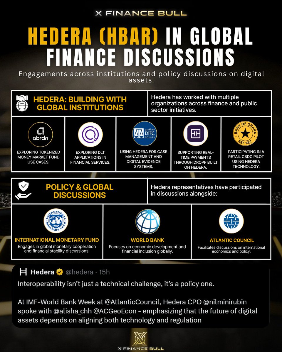 Xfinancebull's tweet image. 🚨WHEN $HBAR EVER GETS REPRICED HARD, THIS IS THE KIND OF TRAIL PEOPLE WILL LOOK BACK AT. ⚡

Not one headline. A pattern. 

Tokenized money market fund work with Aberdeen. 
Payments through Dropp. 
Digital evidence and wills with DIFC Courts. 
CBDC-related infrastructure through