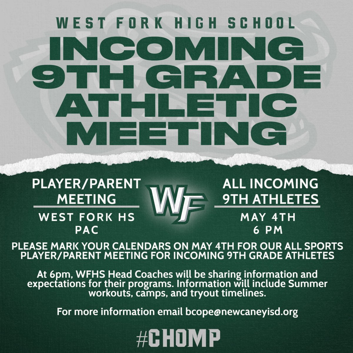 CoachCope23's tweet photo. Incoming 9th Grade Parent Meeting on Monday May 4 at 6 pm in the WFHS PAC!  See ya there to learn more about Gator Athletics!  #CHOMP https://t.co/Edgmun6LKz