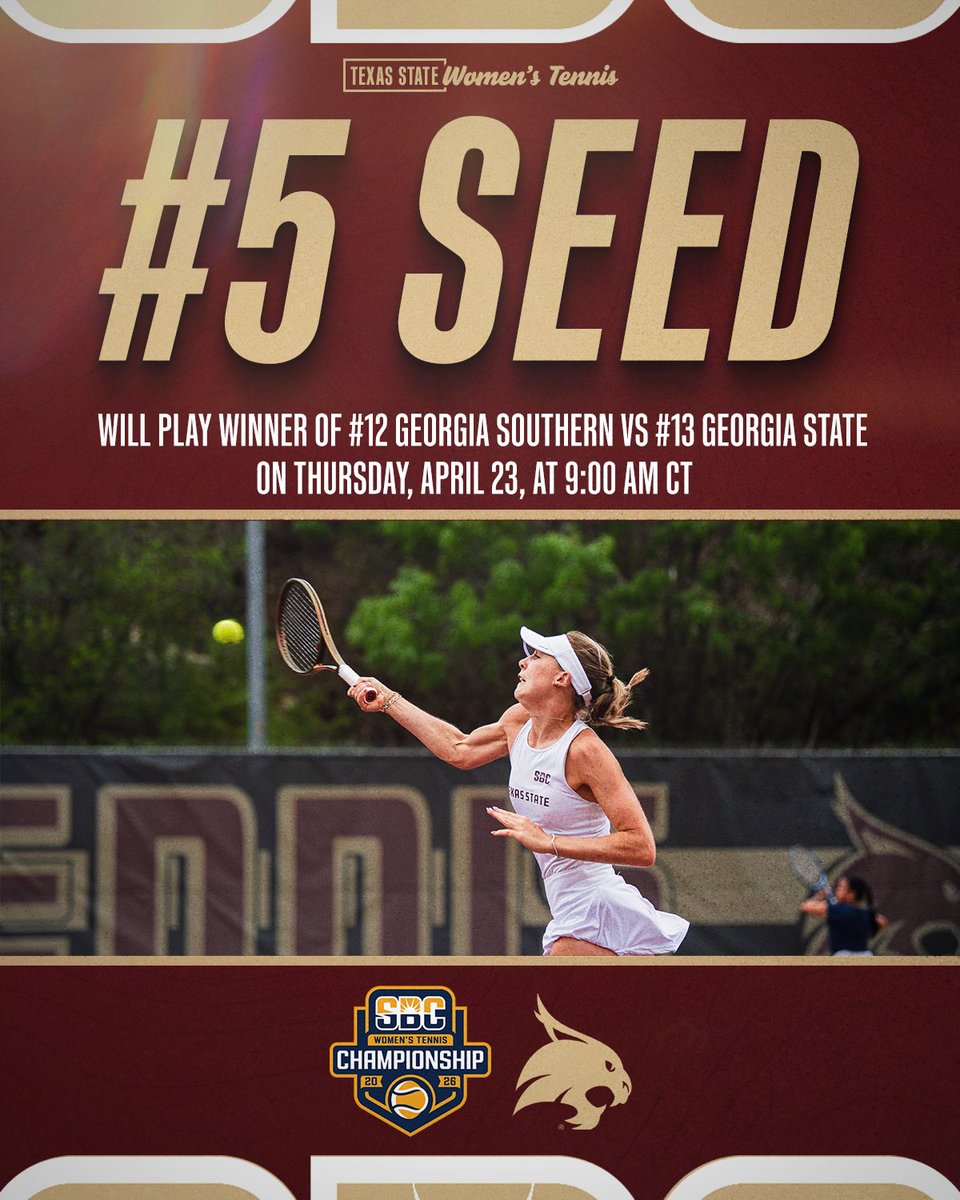 TXStateTennis's tweet photo. It’s Tournament Time 😼🔥

Opening Sun Belt Championship play Thursday at 9 a.m. CT against the winner of No. 12 Georgia Southern vs. No. 13 Georgia State. 

📺 Watch live on ESPN+

#EatEmUp https://t.co/67hr8zqBcY