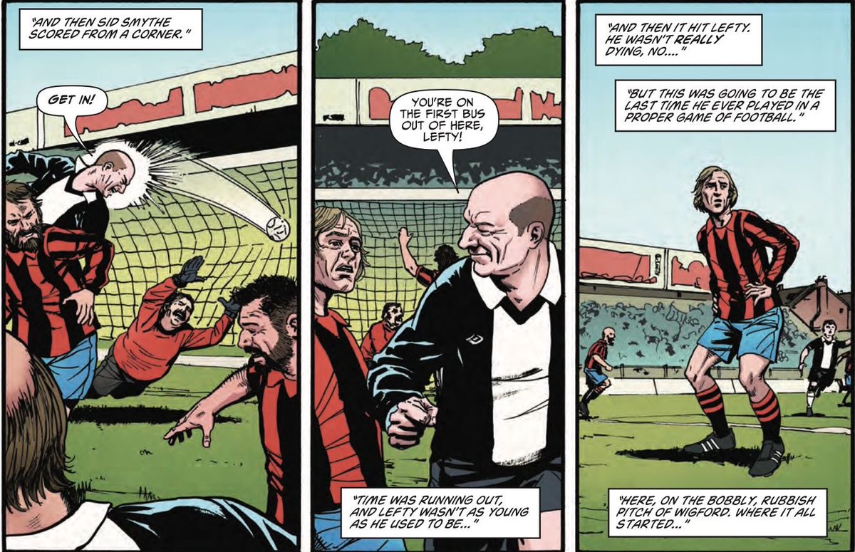 PaddyGod1's tweet photo. Old man Lefty from the 50th anniversary special of Action! I think I’d probably feel the same playing a game of football these days! Written by @Robwilliams71 colours by Matt Soffe letters by Rob Steen and drawn by me ⚽️ On sale now! https://t.co/QRzwNw2avO