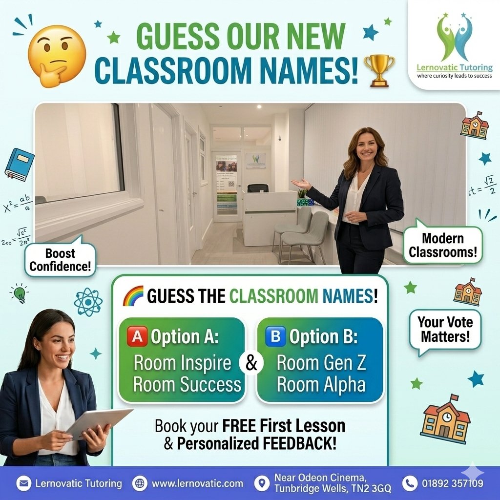 lernovatic's tweet image. 🏫 BIG REVEAL:  help us name the new rooms! 🚀
Two new classrooms added to #Lernovatic in #TunbridgeWells! 💎 Which names do you love?
A) Room Inspire &amp;amp; Room Success ✨
B) Room Gen Z &amp;amp; Room Alpha ⚡
Let us know your choice in the comments! 
 lernovatic.com