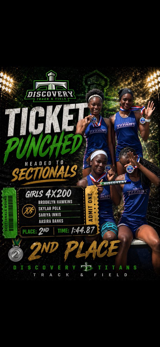 Disco_TFXC's tweet photo. In the Girls 4x200 the Team of B.Hawkins, S. Polk, S. Innis, and A. Banks finished 2nd 🥈 and punched their ticket to sectionals 🎟️ 🥊 💙💚 @DHS_Titans @SprintCoachMir @CoachAClark https://t.co/IpMIwGeUzv