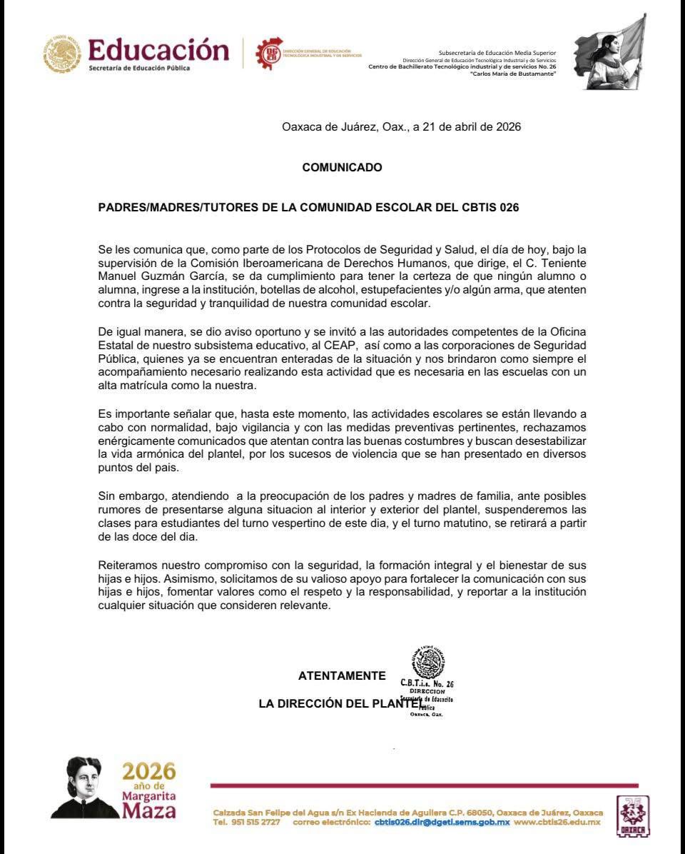 Suspenden clases en el CBTis 26 de #Oaxaca por mensaje que advertía presunto tiroteo.

Más detalles aquí 👉estado20.com/estado/suspend…