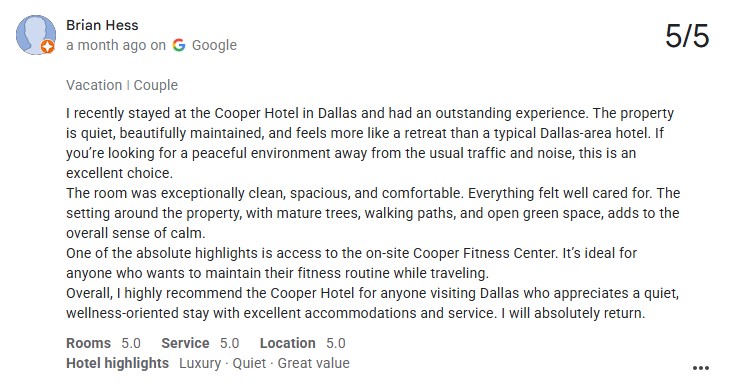 CooperAerobics's tweet image. A 5-star, wellness-oriented retreat. Click through to read more about this guest's quiet, clean &amp;amp; comfortable stay at #CooperHotel. Book your stay with us at cooperhoteldallas.com #hotelreview #traveltuesday #guestreview #hotel #googlereview #dallashotel #dfwhotel #staywell