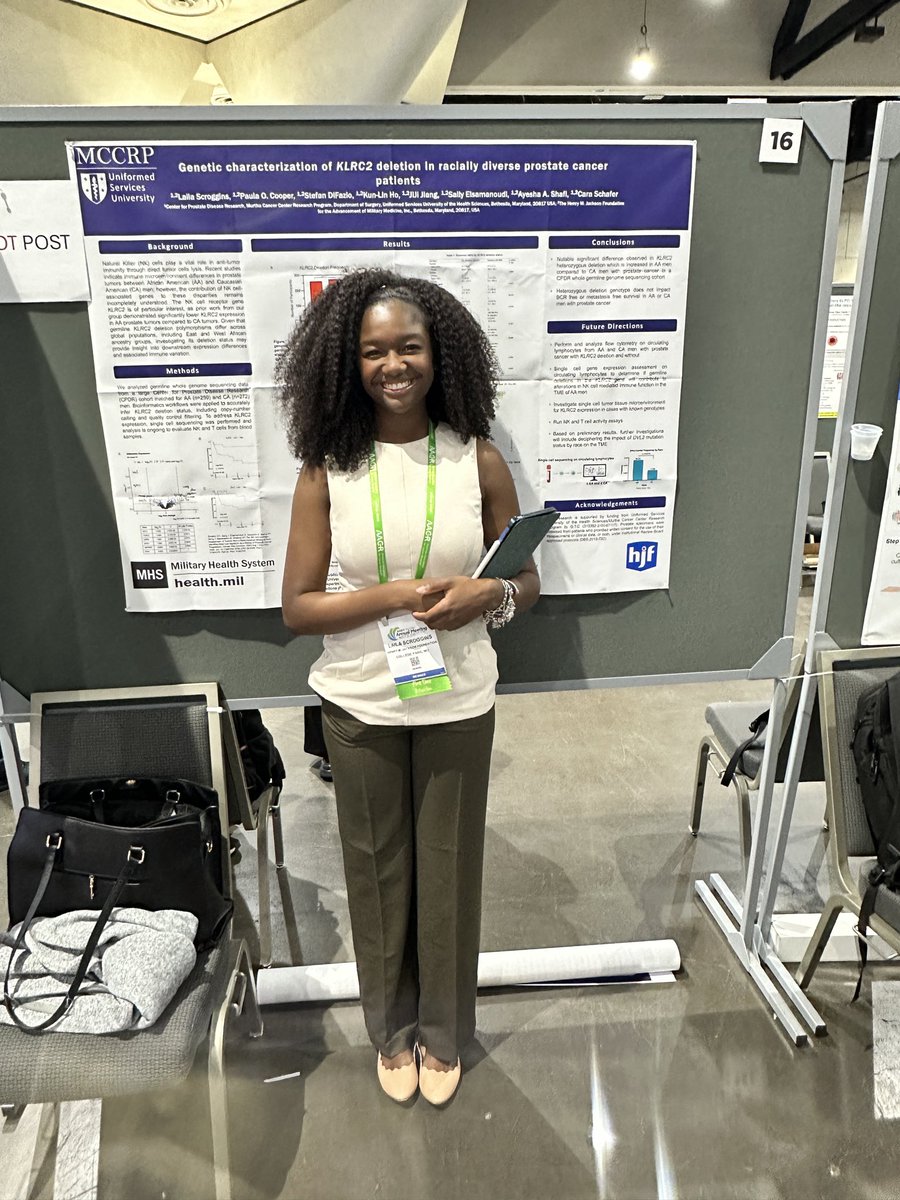 CPDR_Labs's tweet photo. Next up we have the #SchaferLab trainees - postdoc, Paula, and postbac, Laila, presenting their informative studies on immune signaling and prostate cancer @AACR afternoon poster session. @USUhealthsci @WRNMMC_DHA @schafer_sci #WomenInStem #immunesignaling https://t.co/BLD7vK93Ux