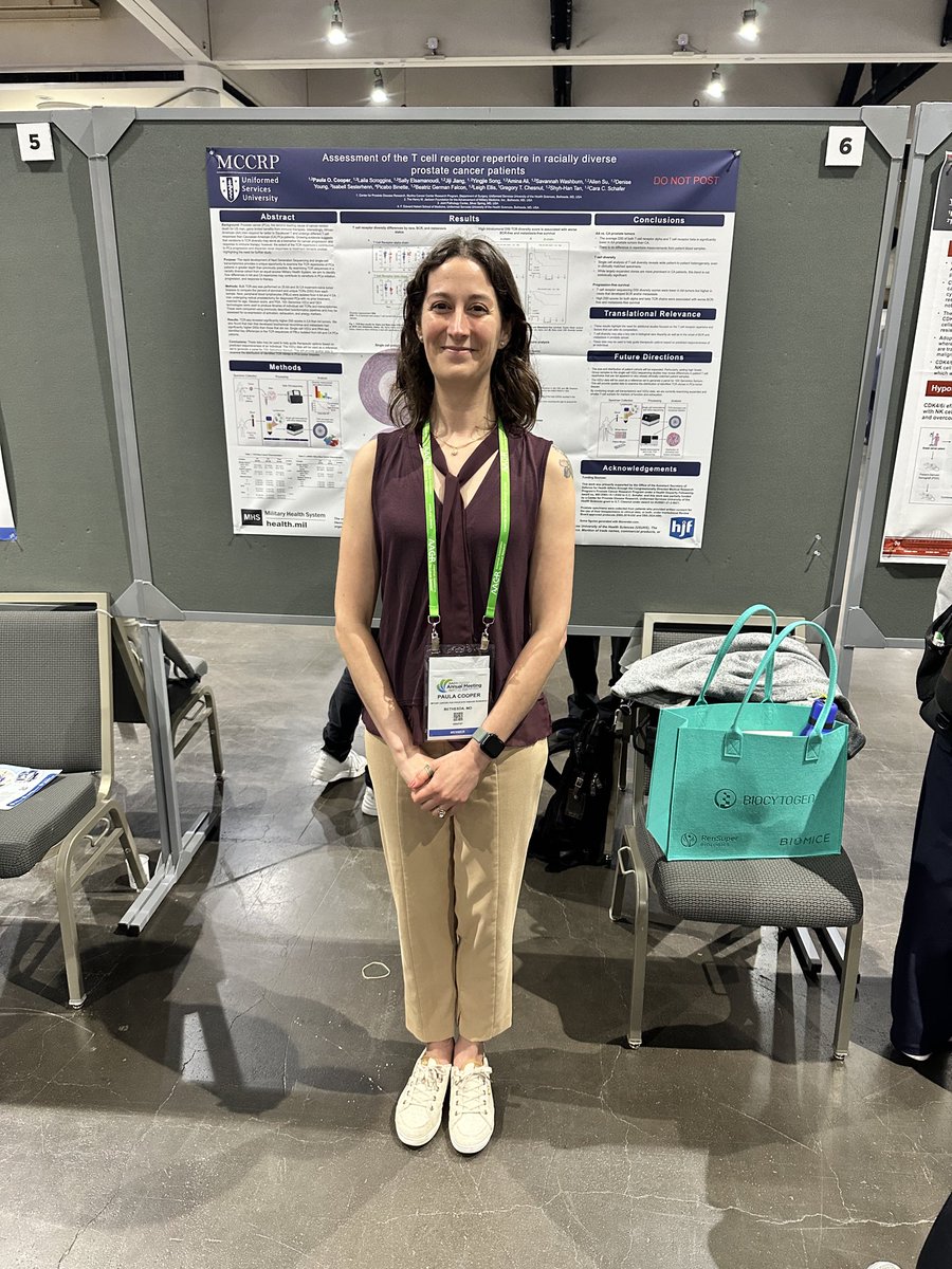 CPDR_Labs's tweet photo. Next up we have the #SchaferLab trainees - postdoc, Paula, and postbac, Laila, presenting their informative studies on immune signaling and prostate cancer @AACR afternoon poster session. @USUhealthsci @WRNMMC_DHA @schafer_sci #WomenInStem #immunesignaling https://t.co/BLD7vK93Ux