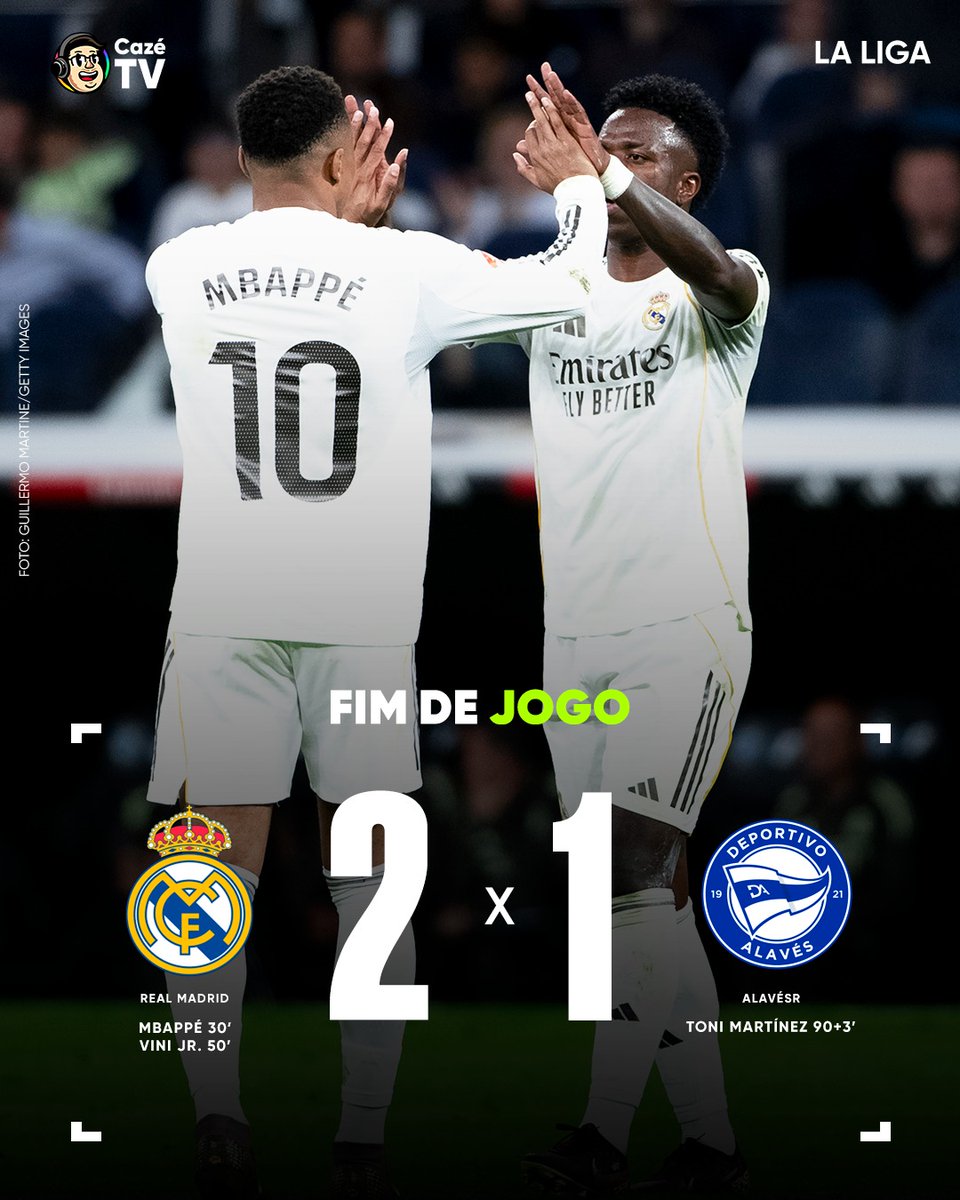 CazeTVOficial's tweet image. VITÓRIA MERENGUE! Com gols de Mbappé e Vini Jr., o Real Madrid vence o Alavés em La Liga e fica a seis pontos do líder Barça, que ainda joga amanhã. 2X1!

#TempoRealCazéTV #LaLiga #RealMadrid