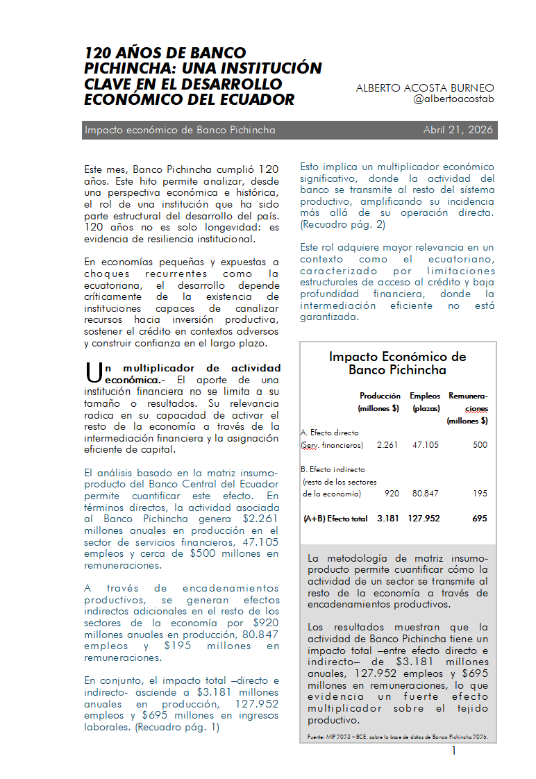 ALBERTOACOSTAB's tweet photo. Cumplir 120 años no sucede todos los días… 

y el caso de #BancoPichincha atraviesa toda la historia económica del país...Pre-Banco Central, creación de institucionalidad monetaria, crisis del siglo XX, colapso de 1999, dolarización en 2000.

Adaptarse no fue opcional.
Fue condición de supervivencia.

Lee el informe completo 👇https://t.co/s9fMCsw8UH

#120AñosCompartiendoConfianza